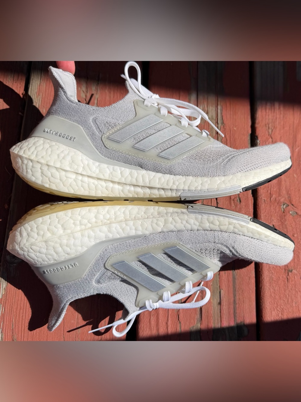 adidas Ultraboost Women’s White and Grey Knit Running Shoe with Three-Stripes - Picture 4 of 6